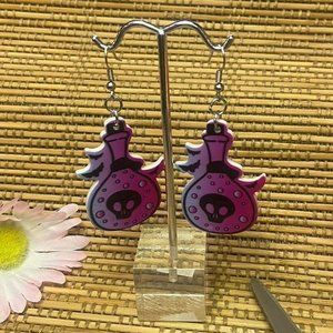 y2k 2000 00s retro deadstock silver tone unique blue pink potion bottle earrings